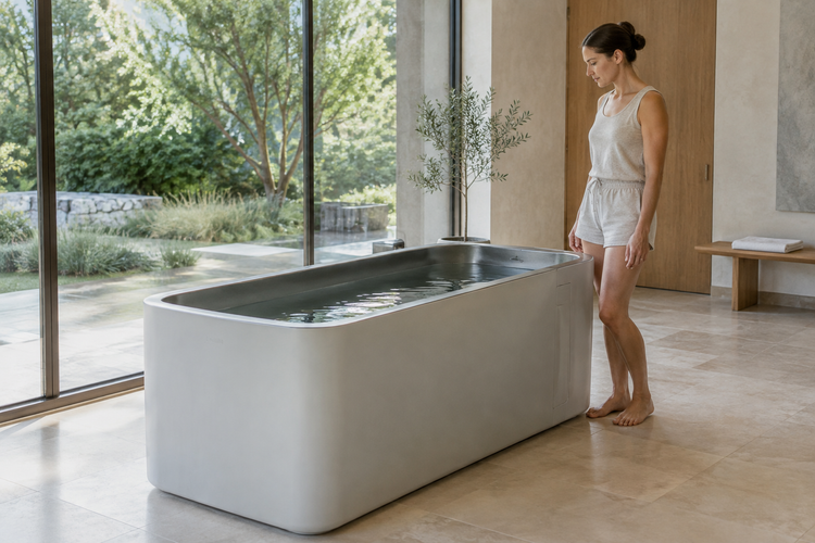 Premium cold plunge beside residential garden windows